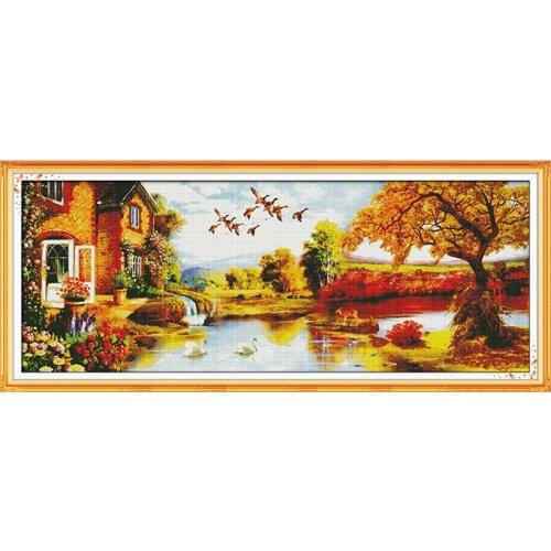 Everlasting Love Golden Scenery (3) Chinese Cross Stitch Kits Ecological Cotton Stamped Printed DIY Christmas Decorations Gift