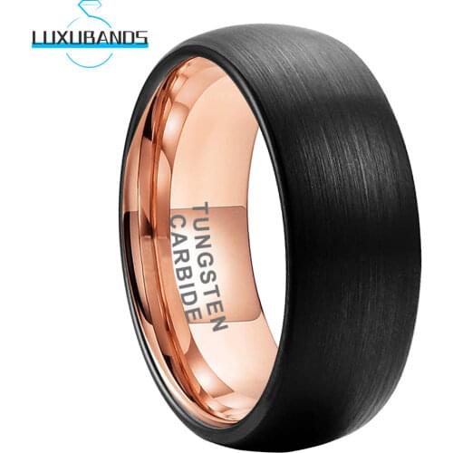 Tungsten Wedding Ring For Men Wemen 6/8MM Rose Gold Inner Dome Band Black Brushed Finished Comfort Fit