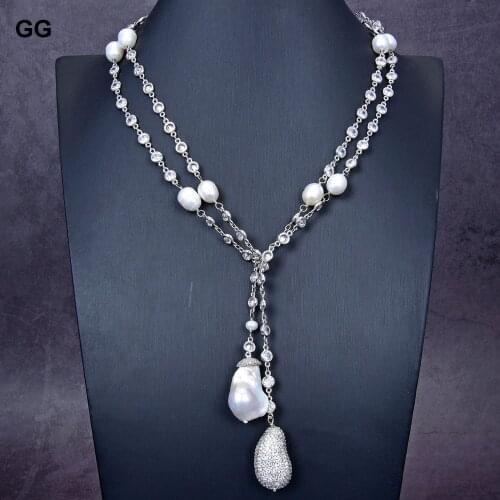 GuaiGuai Jewelry Natural White Keshi Baroque Pearl Cz Pave White Gold Color Plated Crystal Chain Long Necklace 49'' For Women