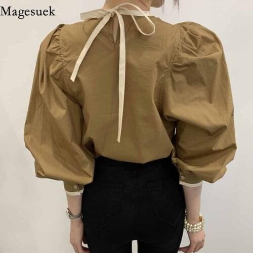 New 2021 Spring O-neck Lantern Sleeve Blouse Women Loose Chic Lace Tie Ruched Tops Ruffled Ladies Solid Shirt Blusas Mujer 12784