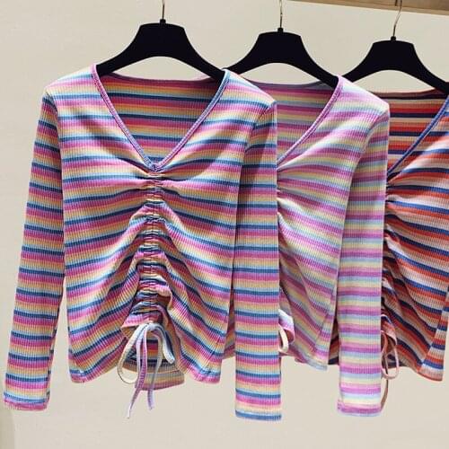 Gkfnmt V-Neck Long Sleeve T Shirt Women 2020 Spring Autumn Knit Tops Striped Blusa Tees Female Casual Pink Lace Up T-Shirts