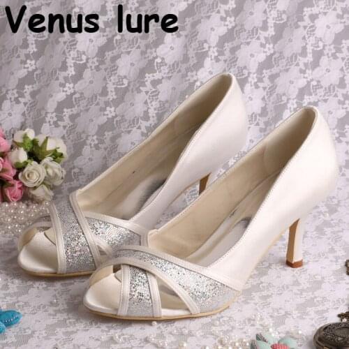 Ivory Satin Peep Toe Shoes for Women Bride High Heel Ladies Party Prom Shoes