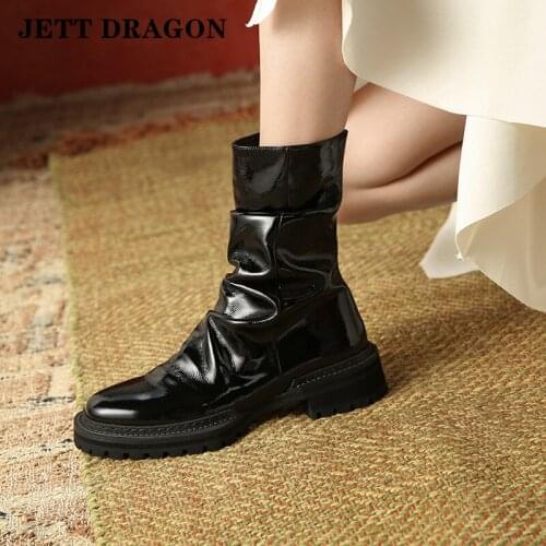 Women Elegant Ankle Boots Thick High Shoes Pleated Round Head Ladies Footwear Short Boots Women 2021 Autumn Platform Flat Boots