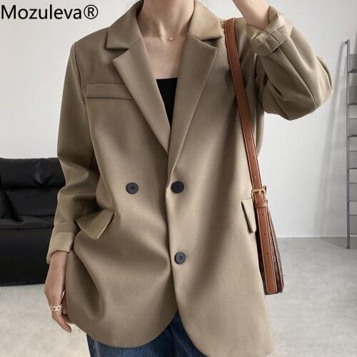 Mozuleva Vintage Back Split Solid Blazer Jacket Women Double Breasted Loose Blazer Spring Office Ladies Long Sleeve Coat Outwear