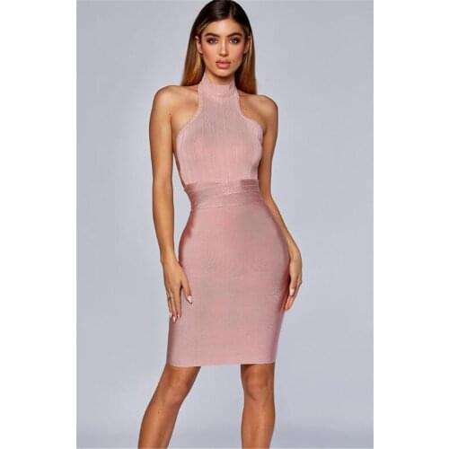 Halter Backless Sleeveless Bodycon Mini Solid Women Bandage Dress Celebrity Evening Party Dress