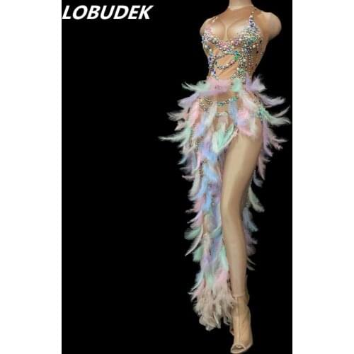 Bar Nightclub Female Singer Concert Stage Show Pearls Slit Feather Dress Women Birthday Banquet Evening Party Long Dress Costume