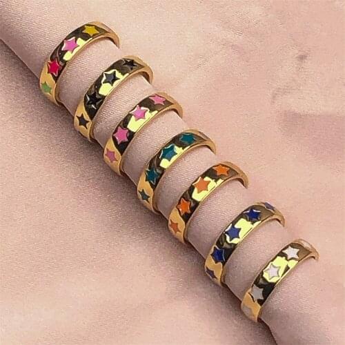 10PCS, New Vintage Enamel Star Ring For Women Simple Gold Color Finger Rings Korean Trendy Jewelry
