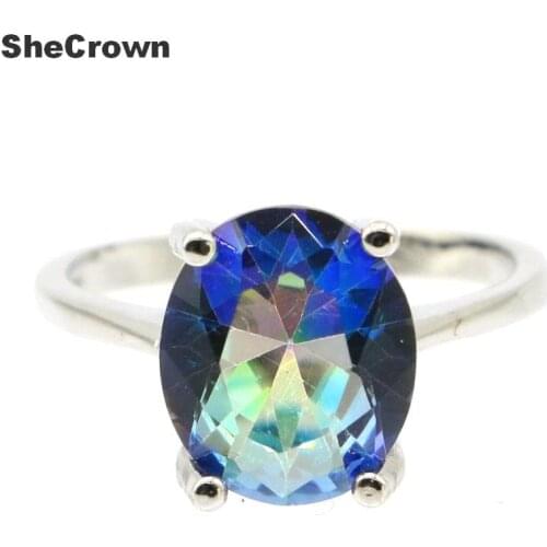 12x10mm Luxury Oval Shape Fire Rainbow Mystic Topaz Engagement Ladies 925 Silver Rings