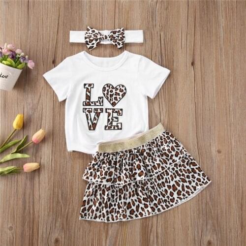 2020 Summer Infant Kids Baby Girls Clothes Sets 0-5Y Short Sleeve Letter T Shirts Tops Leopard Print Ruffle Mini Skirts Headband