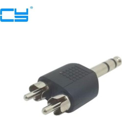 5pcs / lots 6.35mm microphone speaker Stereo Plug male to two AV RCA Plug male Audio extension Adapter
