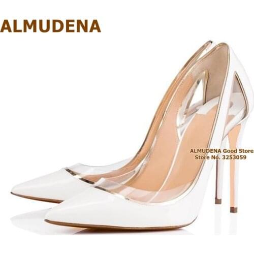 ALMUDENA White Gold Patchwork High Heel Shoes Transparent Clear PVC Cut-out Dress Pumps 12CM Heel Pointed Toe Slip-on Footwear