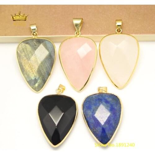 10pcs/lot 26x36mm Large Natural Stones Faceted Teardrop Beads Pendants,Cut Gems Plated Gold Bails Charms Necklace Jewelry Bulk