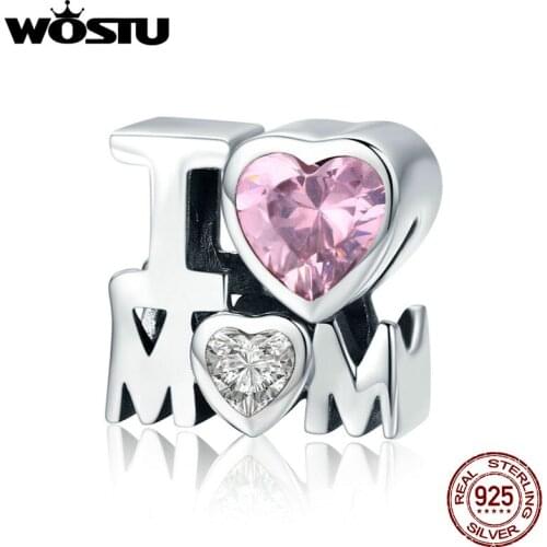 WOSTU Hot Sale 925 Sterling Silver I LOVE MOM Pink CZ Beads fit Original Charm Bracelet Necklace Jewelry Mother Day Gift CQC579