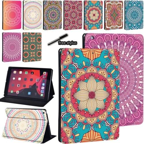 PU Leather Stand Cover for Apple Mini 1/2/3/4/5 /IPad 5/6/7/8th /IPad 2/3/4 Mandala Print Series Pattern Tablet Case+Free Stylus