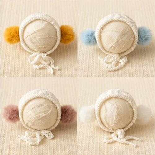 Dvotinst Newborn Baby Photography Props Knitted Crochet Cute Fluffy Ball Hat Bonnet Fotografia Studio Shoots Photo Props