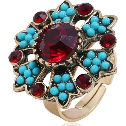 Antiqued Gold Color Light Blue Seed Beads Red Crystal Rhinestone Hollow Chunky Adjustable Ring for Women Men Fashion Jewelry