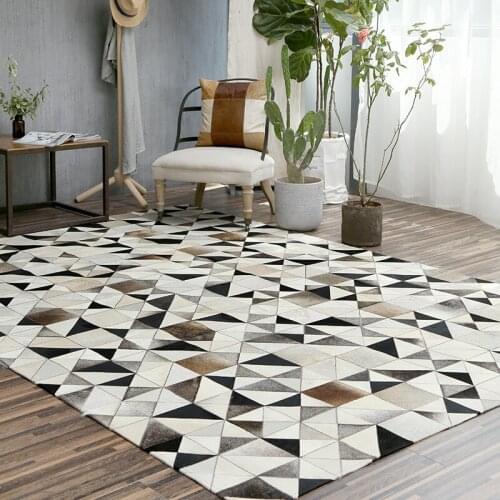 Nordic Style Pure Cowhide Carpet Geometric Jigsaw Rug Living Room Bedroom Tea Table Carpet Pure Handmade Splice Carpets XT 04