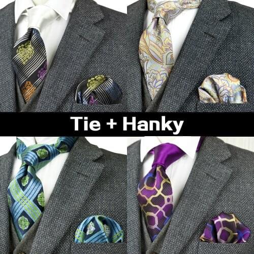 Stripes Checked Dots Paisley Floral Mens Ties Neckties Tie Sets Pocket Square Hanky 100% Silk Jacquard Woven