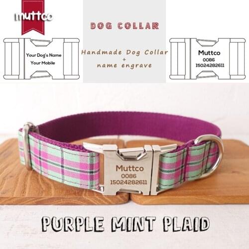 MUTTCO engraved metal buckle dog collar PURPLE MINT PLAID dog ID tag collar 5 sizes nameplate anti-lost pet supplyUDC099