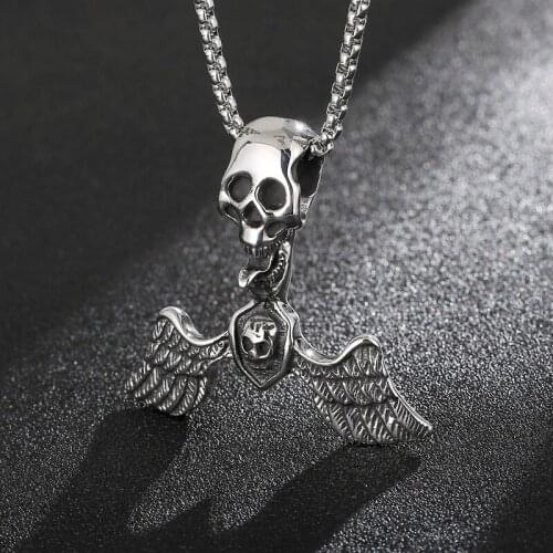 Goth Double Sword Skull Shield Pendant Necklace Punk Hip Hop Skeleton Round Shape Pendant For Men Stainless Steel Biker Jewelry