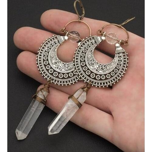 Rock Crystal Clear Quartz Earrings Silver Lace Gemstone Healing Crystal Point Bronze Geometric Raw Quartz Long Bohemian earrings