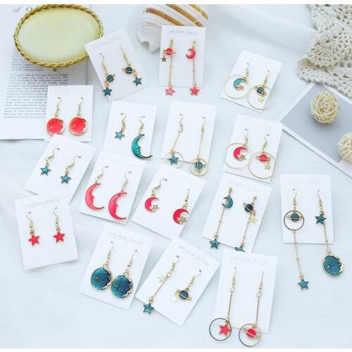 Korea Style Asymmetrical Fresh Enamel blue Star Moon Planet Circle Clip on Earrings Non Pierced For Girl Women Party Gift