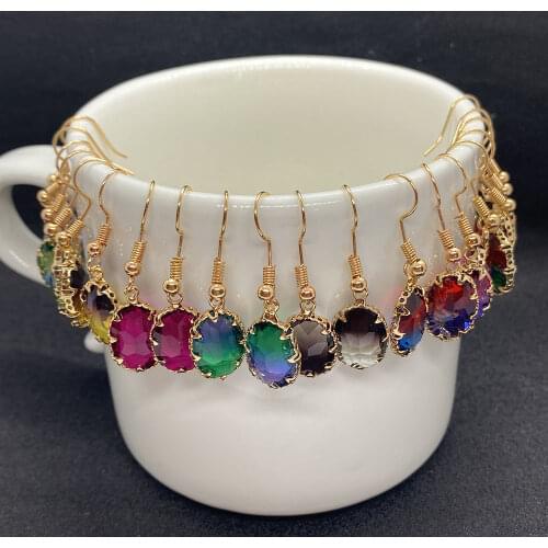 6pcs/bag Natural Stone Crystal Earrings DIY Jewelry Accessories Oval Colorful Gradient Metal Ladies Earrings Finished Gifts