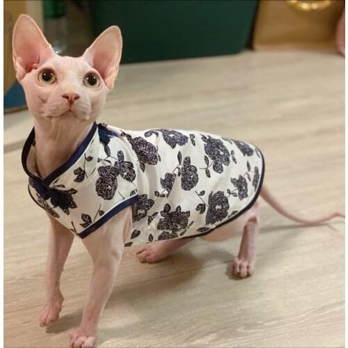 Sphinx hairless cat German Chinese style blue and white porcelain thin cheongsam vest