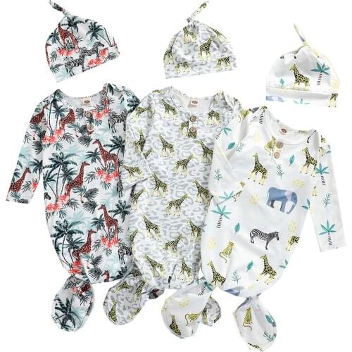 Infant Baby Girls Boys Sleeping Bag and Cap, Cartoon Animals Printed Pattern Long Sleeve Round Collar Sleeping Bag