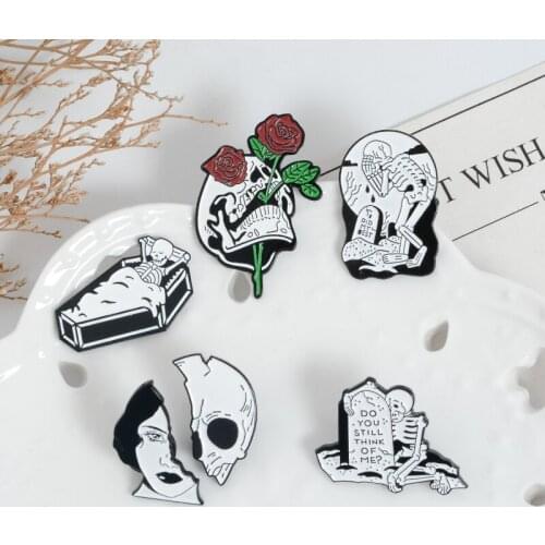 Skull Pin Punk Vintage Brooches skeleton tombstone coffin flower Enamel Badges Individuality Jewelry Life and Death intertwined