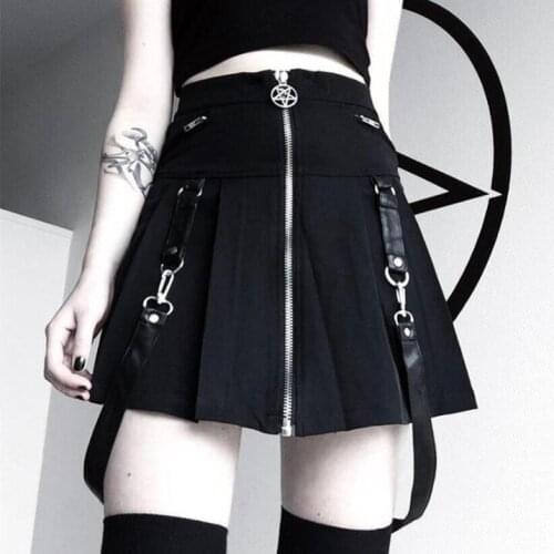 Halloween Gothic A Line Skirts Women Autumn Zipper Pleated Plaid School Mini Skirt Strap Sexy Solid Suspender Bottom