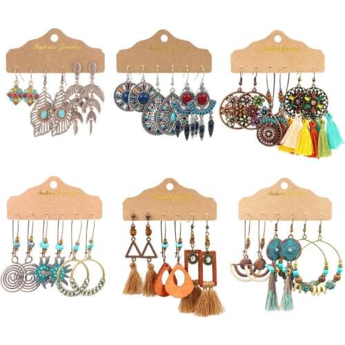 3Pair/Set Antique Boho Women Geometric Tassel Water Drop Earrings Ethnic Stone Beads Hollow Flower Dangle Earring Indian Jewelry