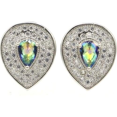 15x12mm SheCrown Created Fire Rainbow Mystic Topaz CZ Ladies Daily Wear Silver Stud Earrings