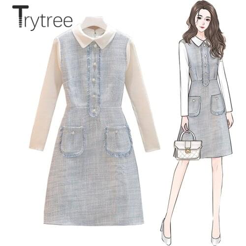 Trytree AW Women Dress Casual Turn-down Collar Patchwork Knitted Sleeve Pockets Mini Dresses Office Lady Casual A-line Dress