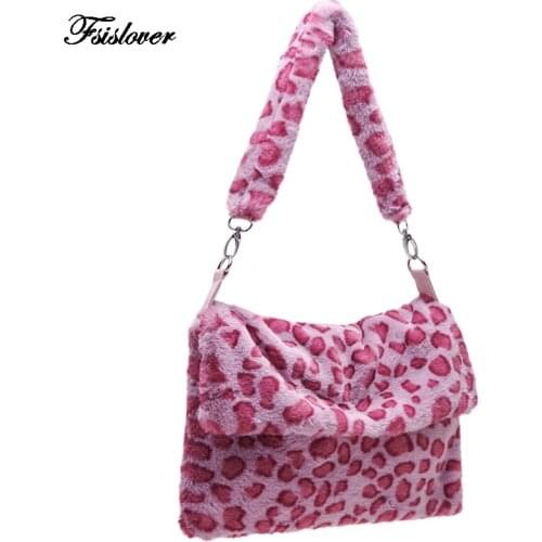 2020 Plush handbag Fashion shoulder Crossbody bag female leopard female bag Messenger bag soft warm fur bag Cute bags for Girls
