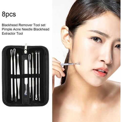 8 Pcs Blackhead Remover Tool Kit Pimple Acne Clip Needle Face Care Comedone Blemish Blackhead Extractor Tool with Leather Case
