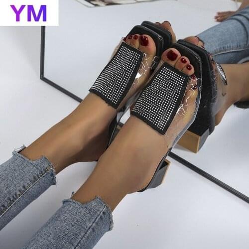 PVC Summer 2021 Sexy PU Square Toe High Heel Sandals Crystal Summer Fashion Slip on Square Heels Slides Women Mules Party 35-43