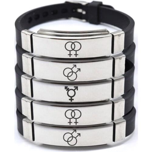 Fashion Adjustable Gay Pride Black Silicone Bracelets for Women Men Stainless Steel Bracelet Gay Jewelry Charms Bracelet Gifts