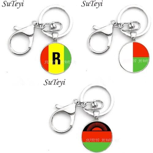 Rwanda and Madagascar and Malawi keychain Zinc Alloy Glass Retro Keyring for Key African national flag Fashion Statement Jewelry