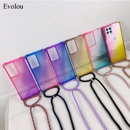 Necklace Crossbody Rope Case For Motorola One Fusion Plus G Play 2021 G40 G30 G50 G Stylus 2021 Gradient Airbag Shockproof Cover