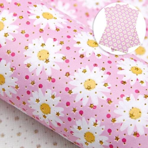David accessories 20*33cm Flower Printed Gold Star Glitter Synthetic Leather DIY Bow Shoes Faux Leather Fabric Sheets,1Yc10063