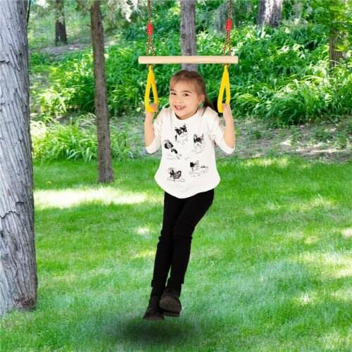 Childrens Wooden Trapeze Swing Bar with Plastic Rings Kids Gym Rings for Indoor Outdoor Playground