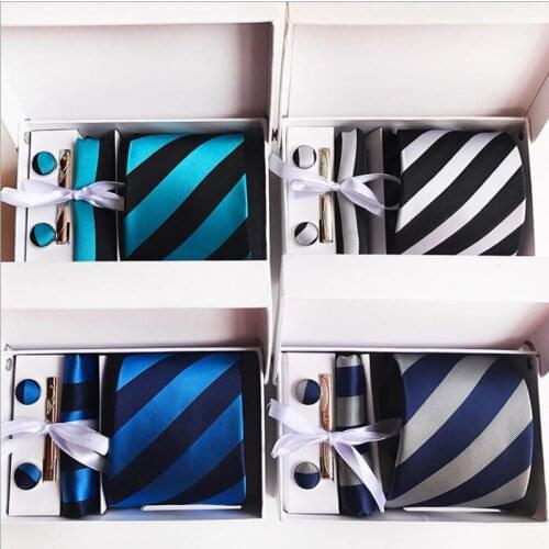 8cm Designers Men Formal Ties Set Gold Yellow with Black Stripes Necktie Handkerchief Cufflinks Clip Sets in Gift Box