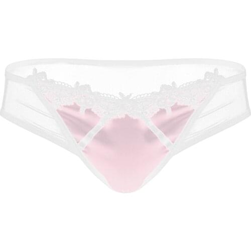 Erotic Sexy Gay Mens Lingerie Sissy Underwear Lace Trim Satin Patchwork Briefs Elastic Waistband See-through Mesh Back Panties