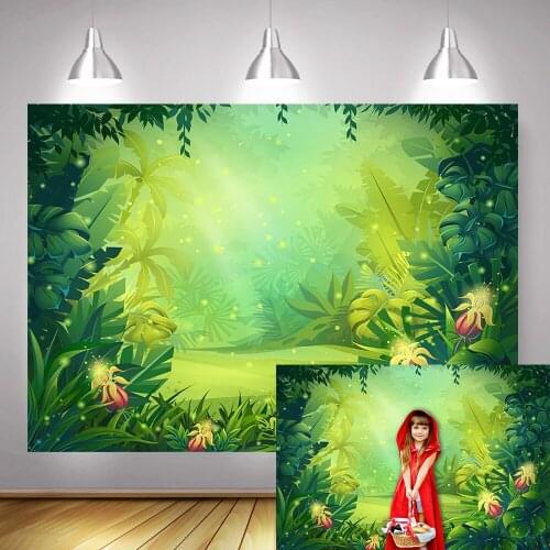 Green Jungle Forest Background Photography Cartoon Fairy Tale Safari Party Backdrop Decoration Girls Birthday Photo Shoot