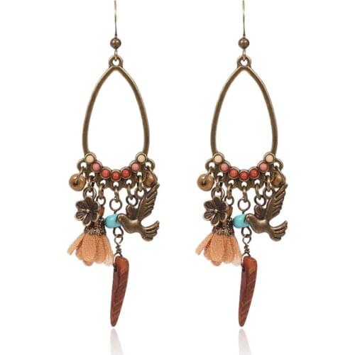HC Vintage Big Water Drop Earrings Unique Peace Dove Flower Dangle Jewelry Hyperbole Wooden Long Earrings Women Retro Earrings F