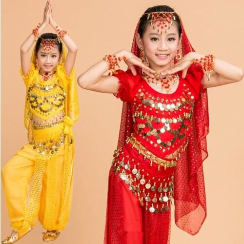 2017 new 4 pcs(top+Pants+belt+veil) Children Belly Dance Costumes Kids Belly Dancing dress Girls Ballroom Performance Clothes