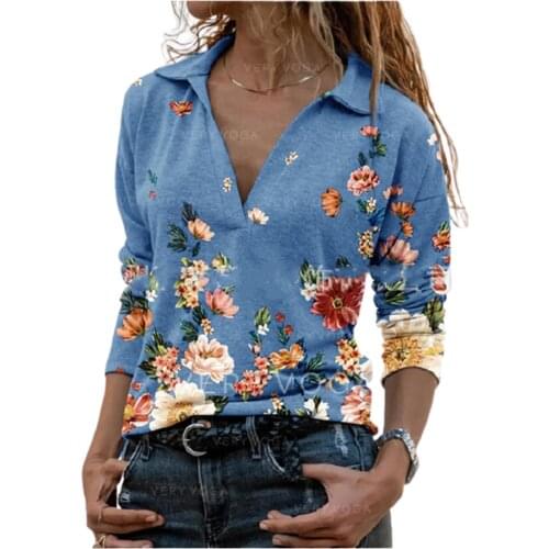 Fashion Lapel Beautiful Flowers Print Pullover Tops Casual Women Autumn Long Sleeve Tees Ladies Plus Size Street Slim Top S-3XL