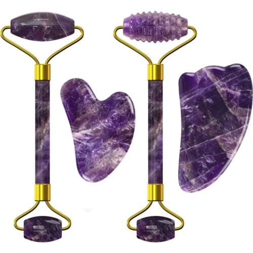 Natural Amethyst Jade Roller Guasha Set Facial Massager Real Stone Gouache Scraper Rose Quartz Face Massage Roller