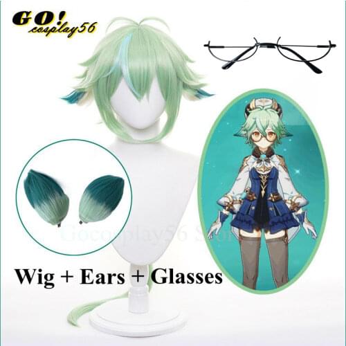 Genshin Impact Sucrose Wig Ears Cosplay Long Straight Ponytail Mixed Green Light Mint Heat Resistant Hair Women Game Role Play